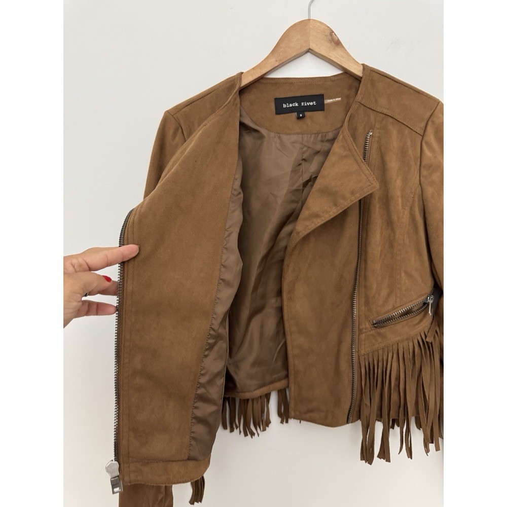 Faux Suede Jacket Women Small Western Fringe Boho Open Front Tan Coastal Cowgirl - Picture 3 of 11